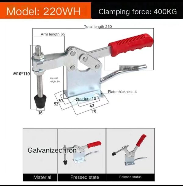 Adjustable Gh-201c Horizontal Toggle Clamp With 100kg Holding Capacity Flange Base Made of Galvanized Steel Measure in Inches - Image 4