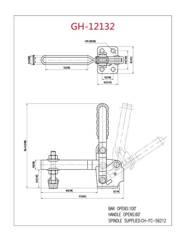 GH-12132 Antislip Red Horizontal Quick Release Clamp Adjustable Steel Carbon Metal Hand Tool Toggle Clamp Inch Measurement - imagine 4