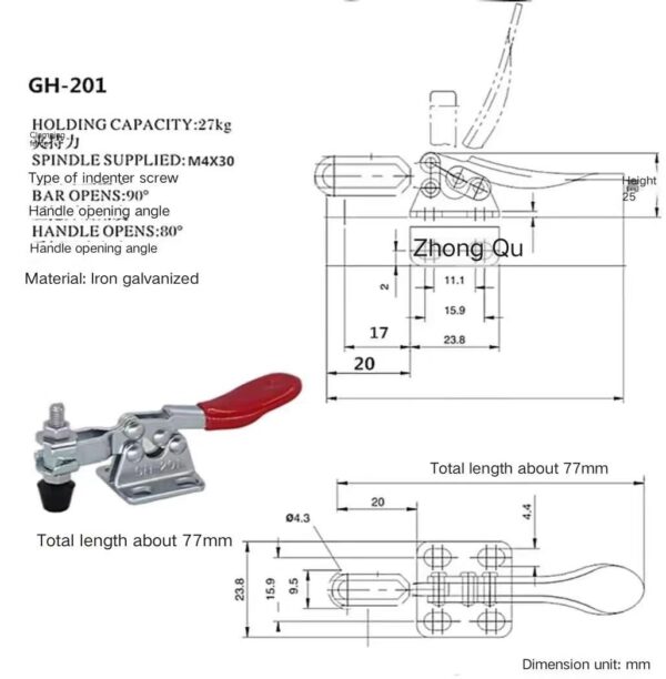 GH-201A Small Size Heavy Duty 27kg Holding Capacity Toggle Clamp Adjustable Steel Plastic Metal Vehicles Inch Measurement System - Image 5