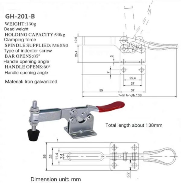 ⁦GH-201B 90KG Iron Galvanized Quick Release Toggle Clamp⁩ - الصورة ⁦6⁩