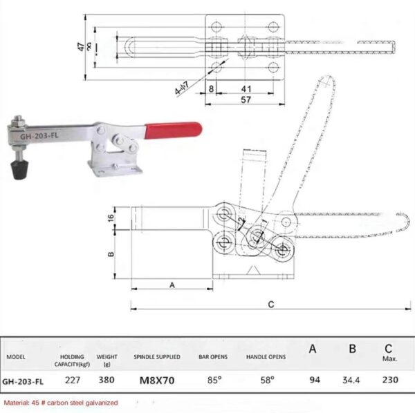 GH-203F Holding Force 227 kg Adjustable Horizontal Toggle Clamp — изображение 7